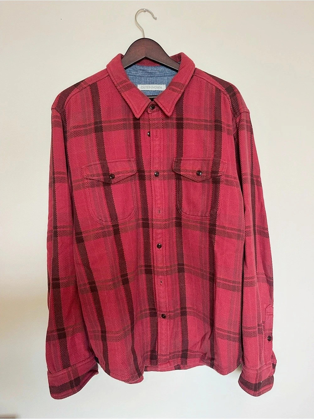 Outerknown The Blanket Shirt Plaid Cotton Shirt Red & Black XL